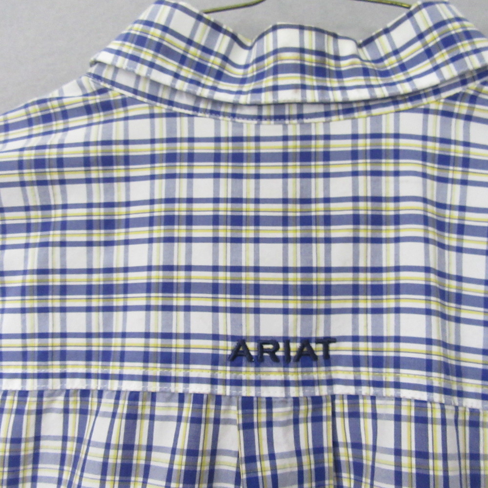 Ariat Pro Short Sleeve Button Down Shirt L Blue Yellow Check Pocket Logo - Picture 7 of 7